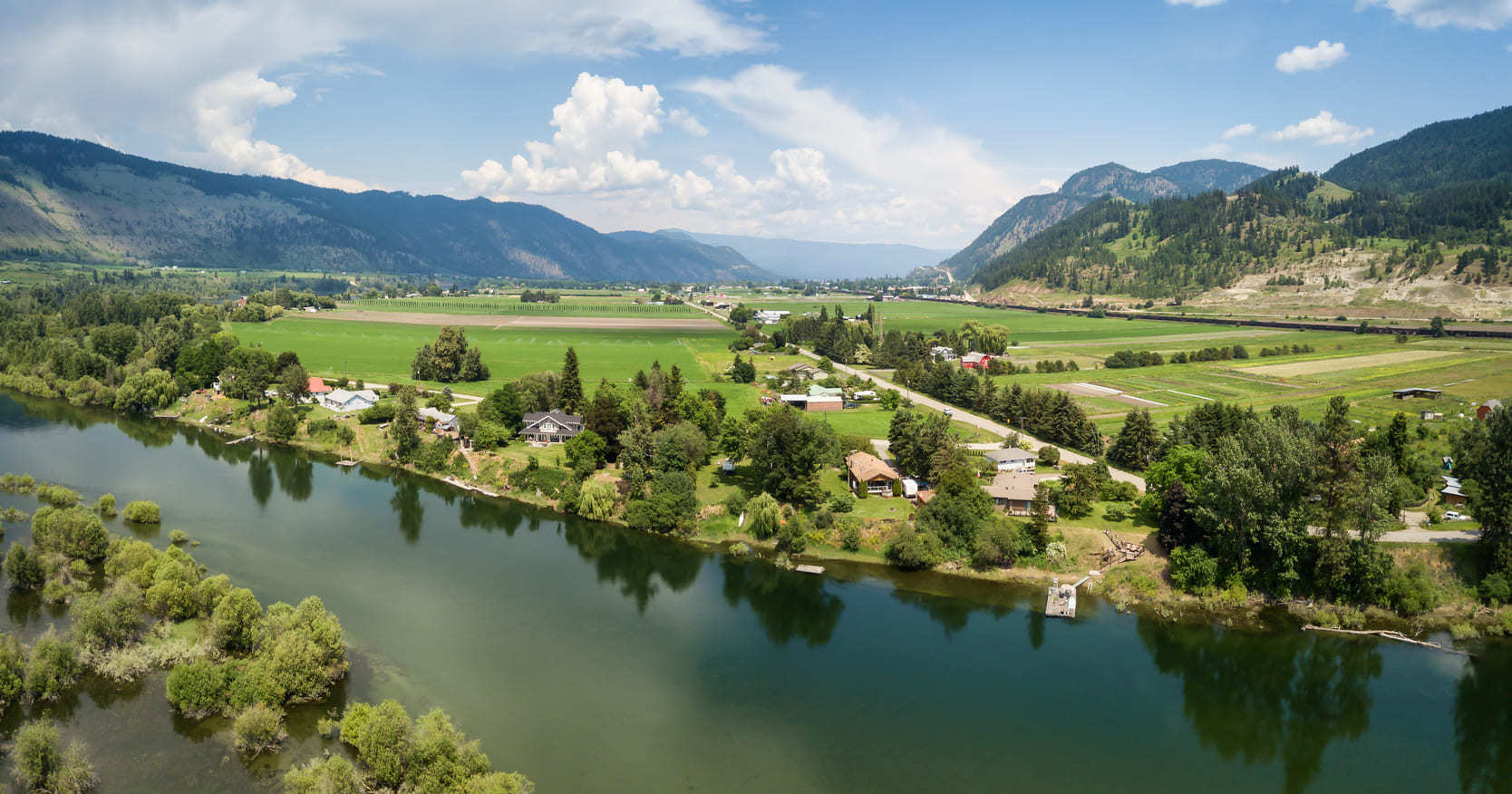 Aerial view of the Thompson River and real estate in Chase, British Columbia